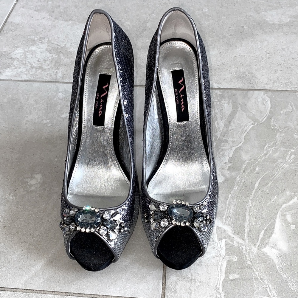 Nina Metallic Open Toe Heels